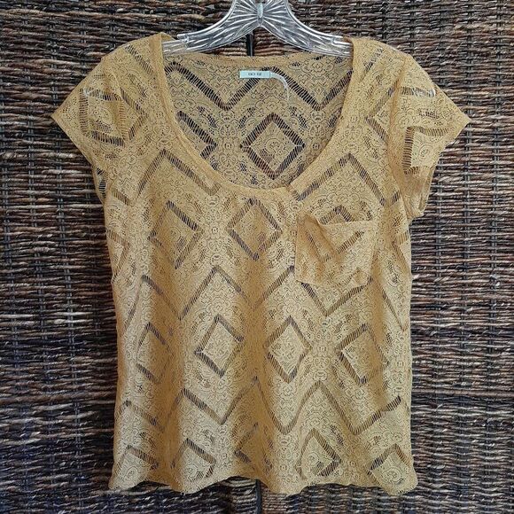 Kimchi Blue Sheer Lace Tee Shirt Mustard Gold Whimsical Dainty Fairy Romantic XS - Picture 1 of 4